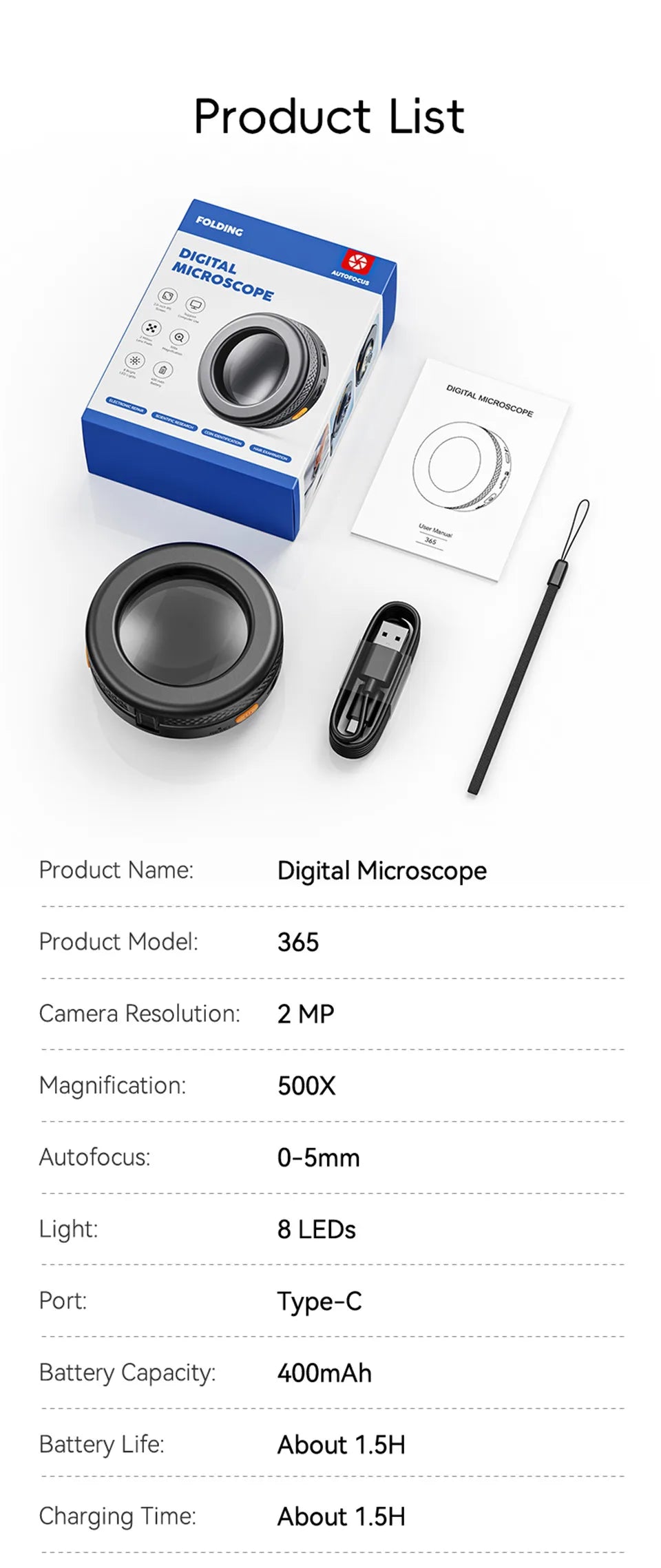 2.0 inch Autofocus Microscope Magnifier 500X 1080P Digital Microscope 8Leds Magnifying Glass for Electronics Repair Maintenance
